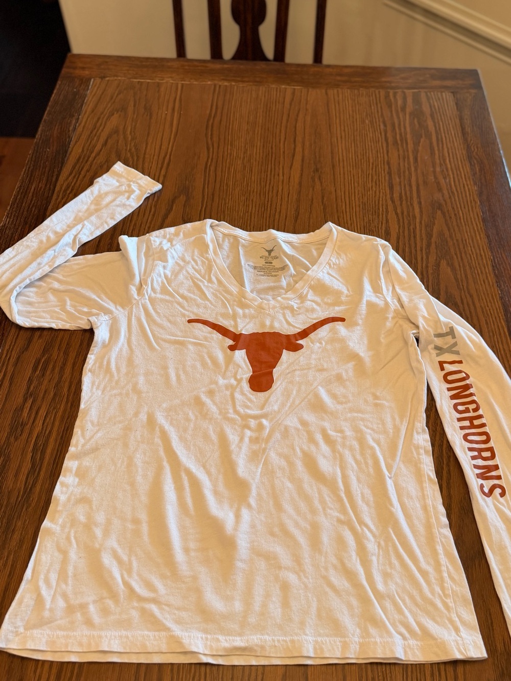 White Long Sleeve Tee with Orange Longhorn Logo - Women